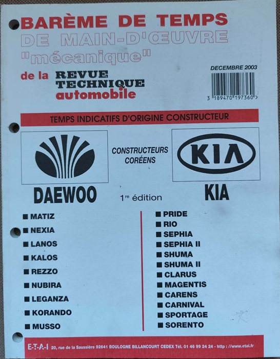 Revue Technique Automobile - Bareme de Temps - Daewoo KIA