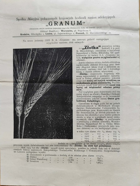 Granum - hodowla nasion selekcyjnych - Druk ulotny 1925