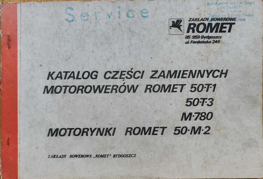 Romet -  Katalog części zamiennych motorowerów Romet 50-T-1, 50-T-3, M-780, Motorynki Romet 50-M-2
