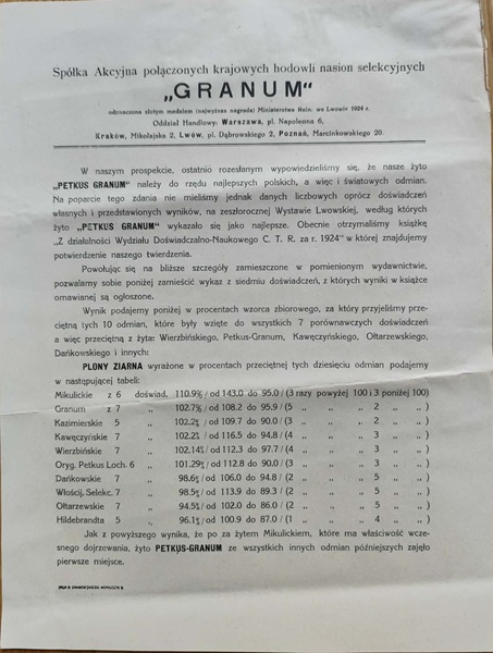 Granum - hodowla nasion selekcyjnych - Druk ulotny