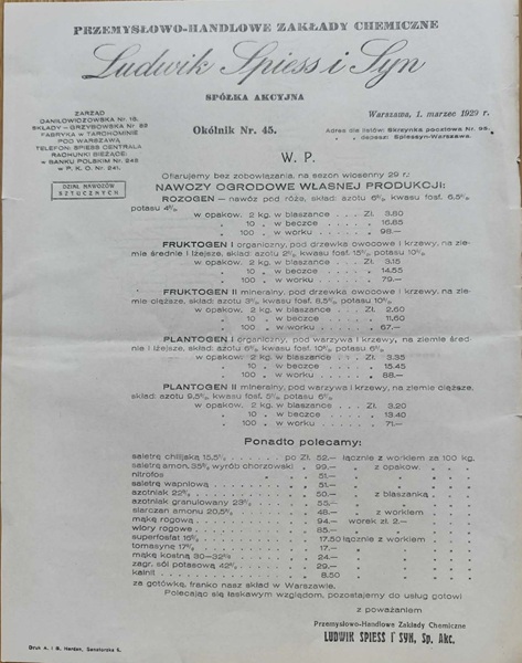 Ludwik Spiess i Syn - Okólnik nr.45 - 1929