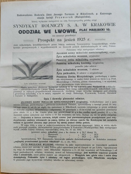 Hodowla Zbóż Jerzego Turnaua w Mikulicach - Prospekt na jesień 1925r.
